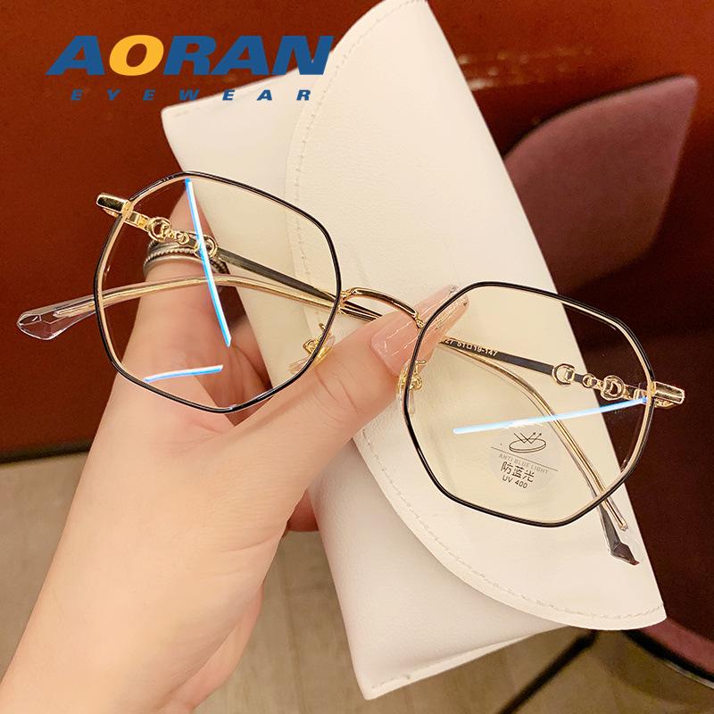 Korean Style Retro Gold Wire Glasses Frame for Women - Anti-Blue Light & Anti-Radiation, Small Polygon Myopia Design.