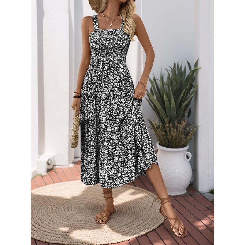 Summer Long Sleeveless Elastic Waisted Printed Camisole Dress