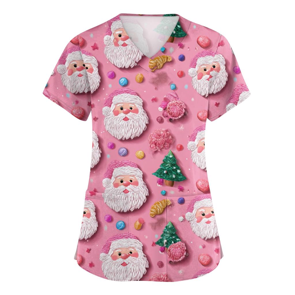 Women's V-neck Christmas printed short-sleeved pocket side-slit protective suit top