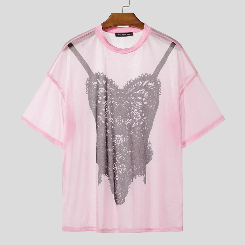 

INCERUN Oversized Men Short Sleeve 3D Print Mesh Sheer See Through Party T-shirts розовый