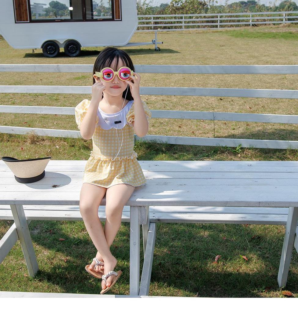 Costum de baie întreg cu carouri de desene animate pentru fetițe