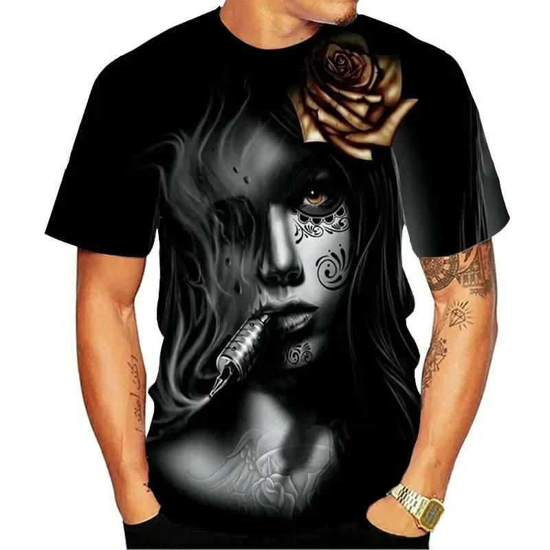 Summer Round Neck 3D Skull Beauty Pattern Print Top Fashionable Casual Short Sleeved Men's T-shirts