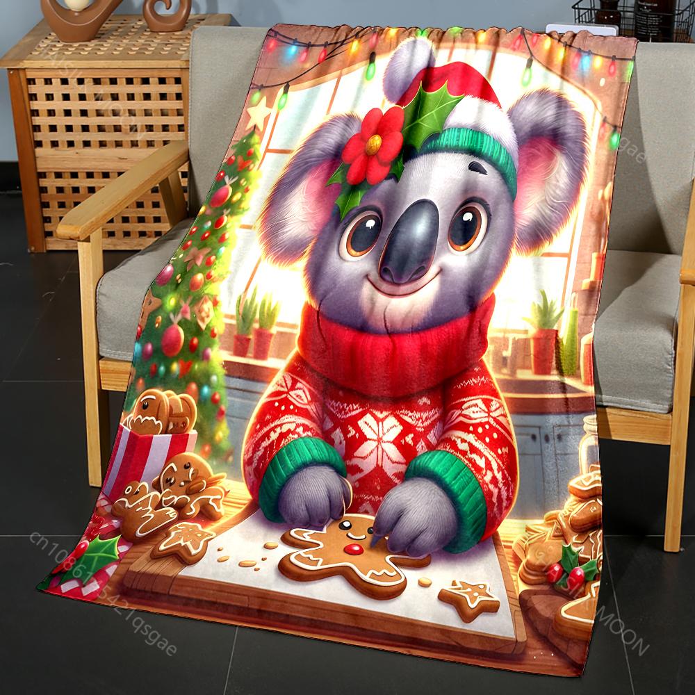 Festive Koala with Gingerbread Pattern Blanket Flannel Material Soft Warm for All Seasons, Home Outdoor Camping Picnics RV