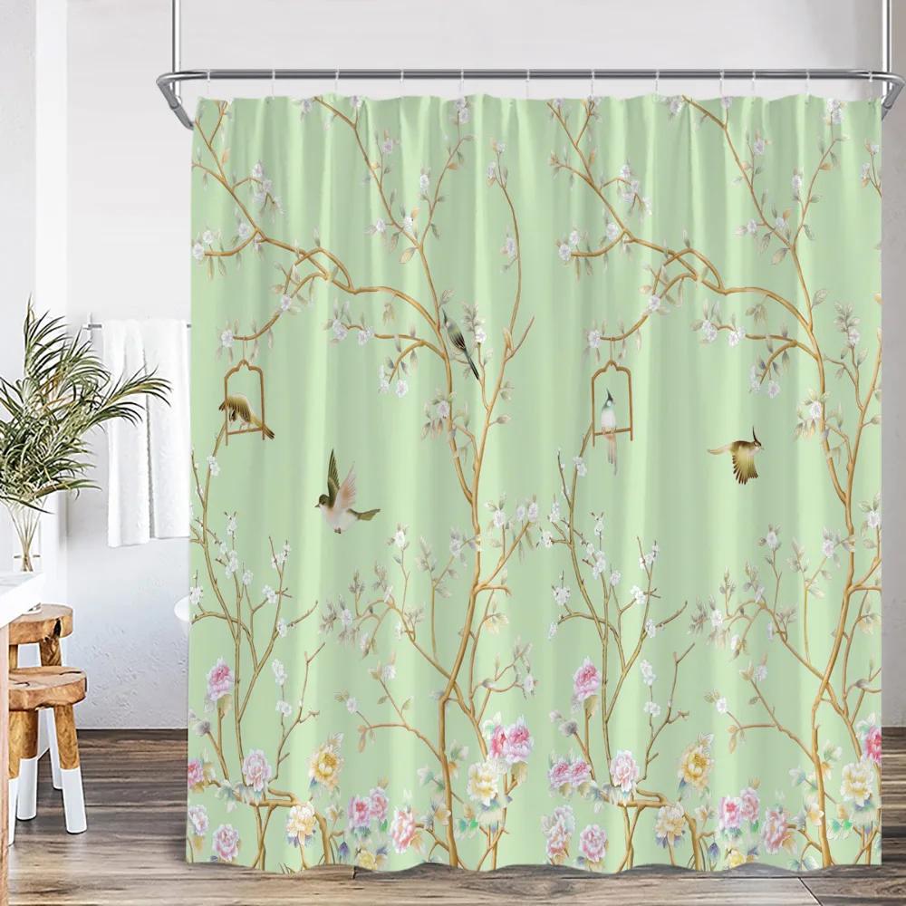Chinese Style Shower Curtain Birds Classical Flower Tree Plant Asian Bathroom Decor Vintage Polyester Bath Curtain with Hook