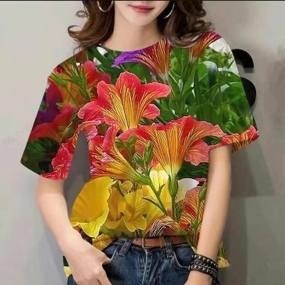 Letní dámské tričko s kulatým výstřihem, květinovým vzorem a 3D potiskem, módní, ležérní, s krátkým rukávem