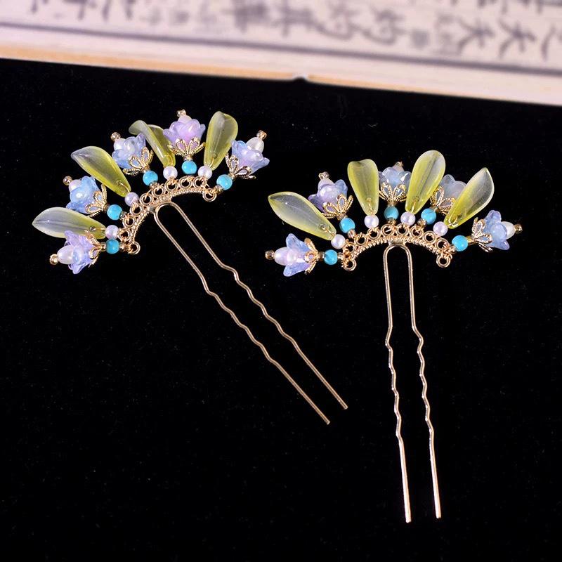 1Pair Vintage Hairpin Glazed Flower Tiara Chinese Hanfu Hair Accessories Lotus Shaped U-Shaped Hair Forks Retro Hanfu Headwear