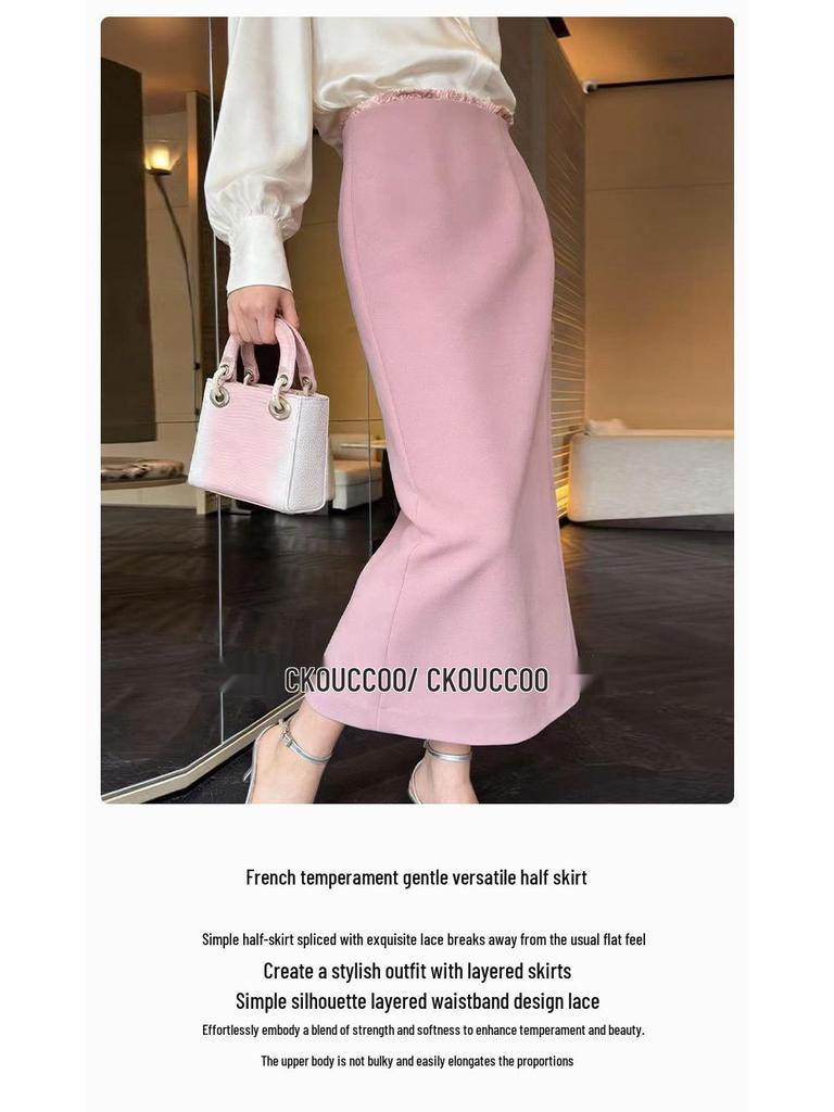 Rongtai Elegant High-Waist Lace Trim Straight Skirt with Back Slit - Women's Fashion 2026