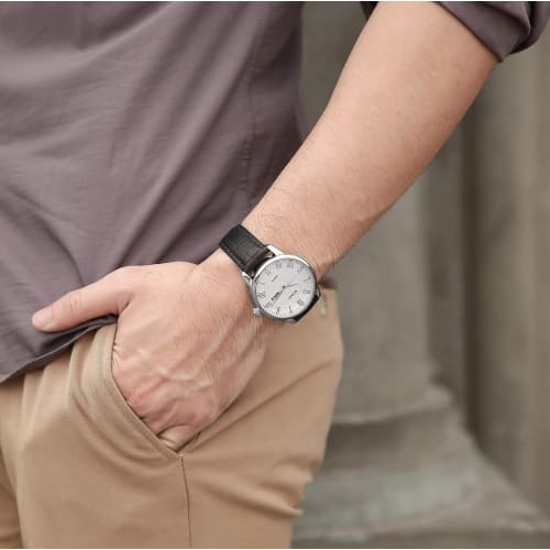 BUREI Men's Leather Watch, Popular Brand, Analog, Roman Numeral, Simple Design, Waterproof, Stylish, Commuter, Business, Silver White