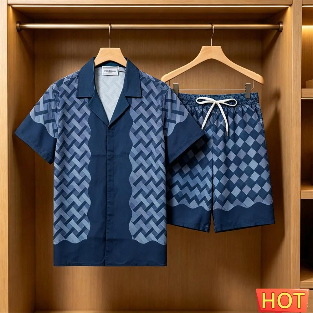 Men's Summer Set Fashion 3D Striped Print Short-Sleeve Shirt and Shorts
