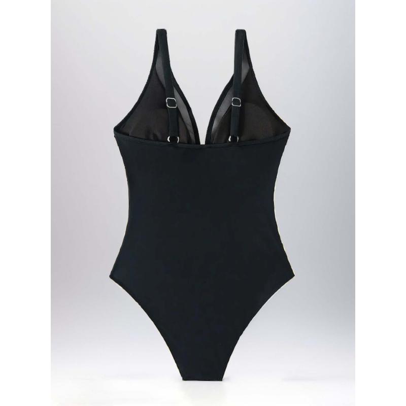Women's Sexy One Piece Swimsuit Deep V Neck Sheer Mesh Backless Tummy Control Solid Color Monokini Summer Beach Bathing Suit Swimwear