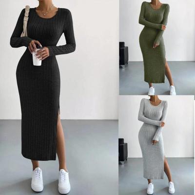2023 Autumn/Winter Women's Long-Sleeve Knitted Slit Dress