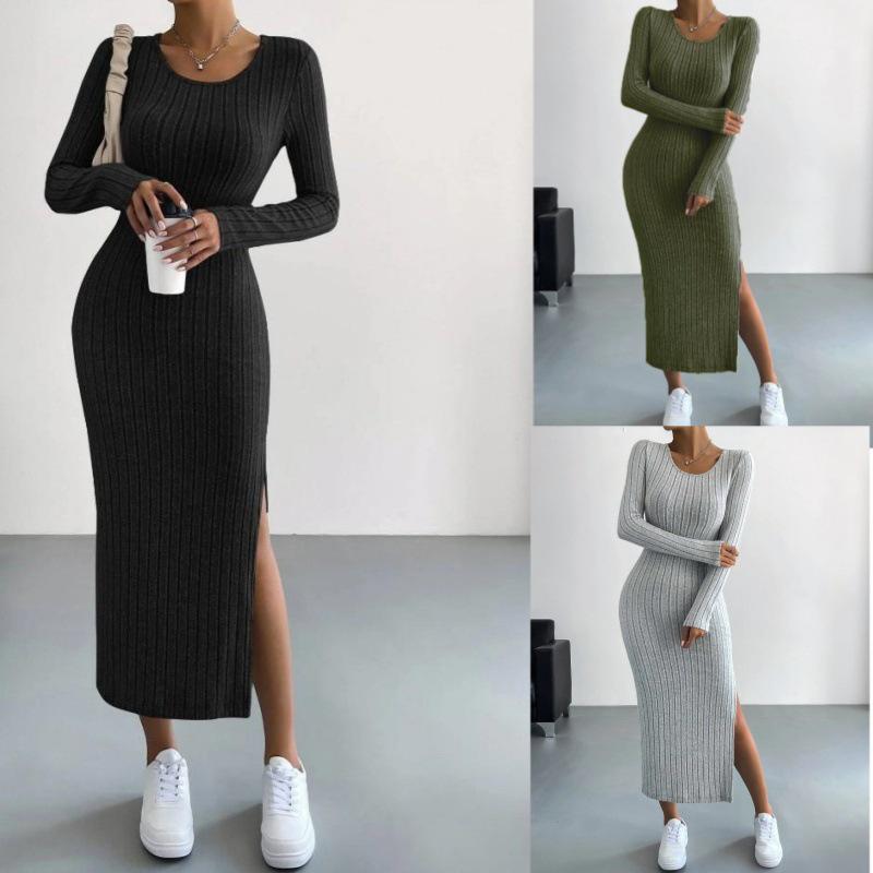 2023 Autumn/Winter Women's Long-Sleeve Knitted Slit Dress