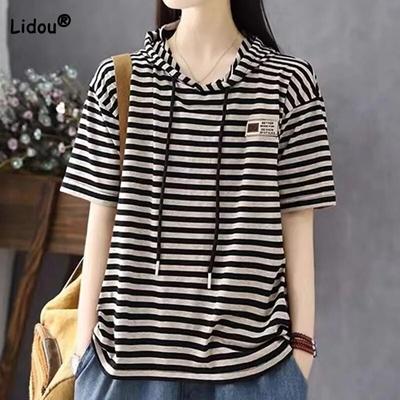 Casual Fashion Female Striped Printed Hooded T-shirt Summer New Commute Vintage Short Sleeve Pullovers Tops Women's Clothing