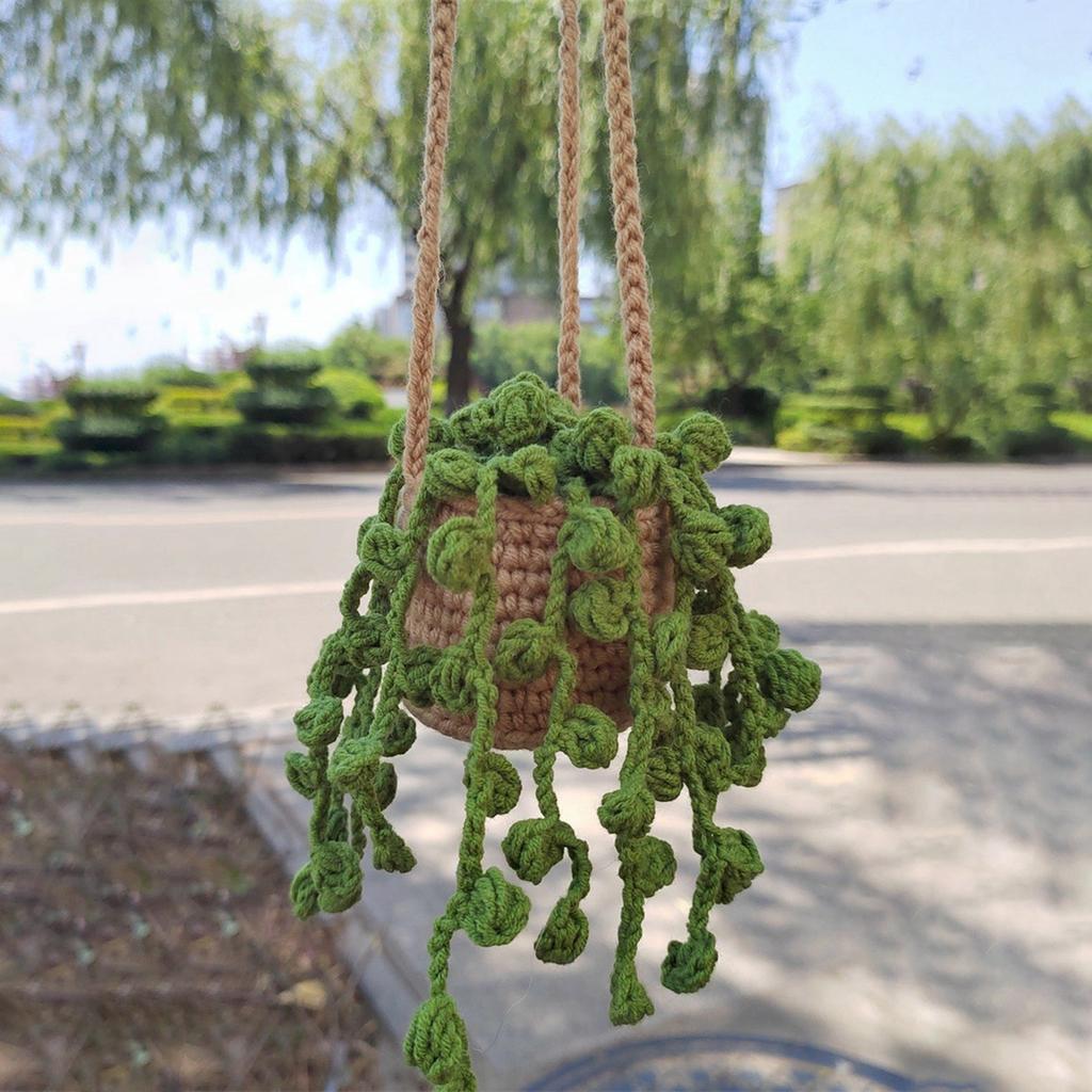 Boho Car Plant Crochet Hanging Basket Ornaments Hand Knitting Potted Hanging Plant Rear View Mirror Pendants Car Decoration