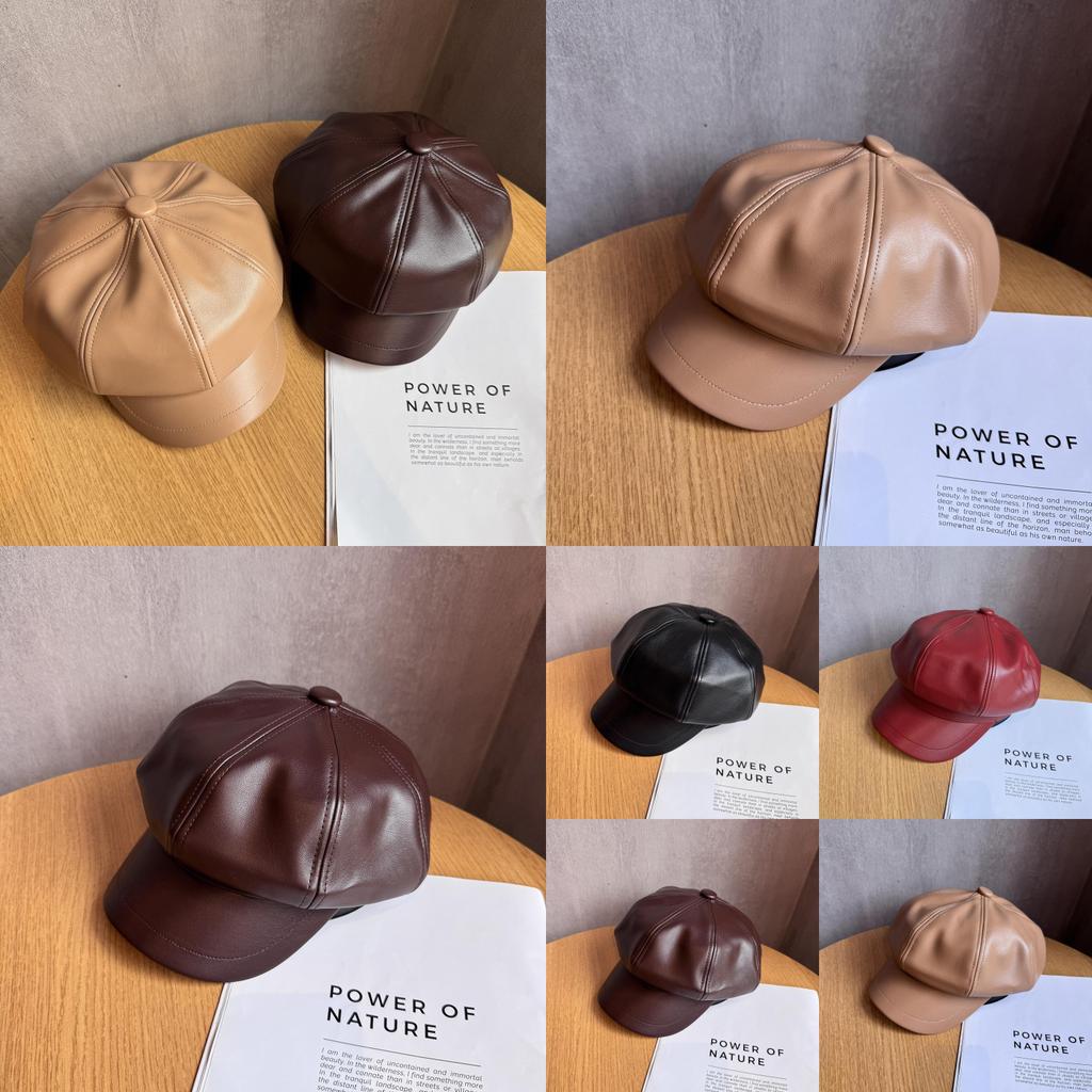 Pu Leather Octagonal Hat For Women With Sun Protection Chic Winter Fashion Accessory