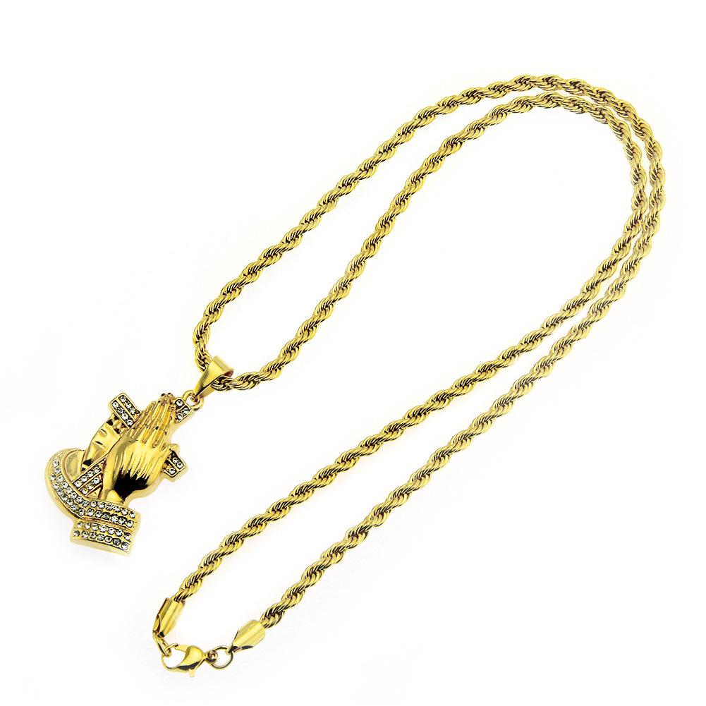 Ornement populaire européen Hip Hop diamant bouddha main pendentif mains de prière collier à la mode pour hommes