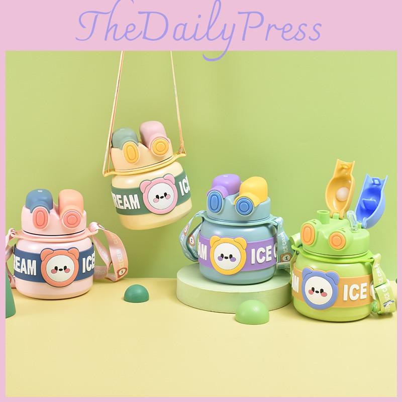 Lingpan Cute Cartoon Double Drinking Straw Big Belly Cup For Girls Outdoor Travel Shoulder Bag Water Bottle Large Capacity 850ml Barrel