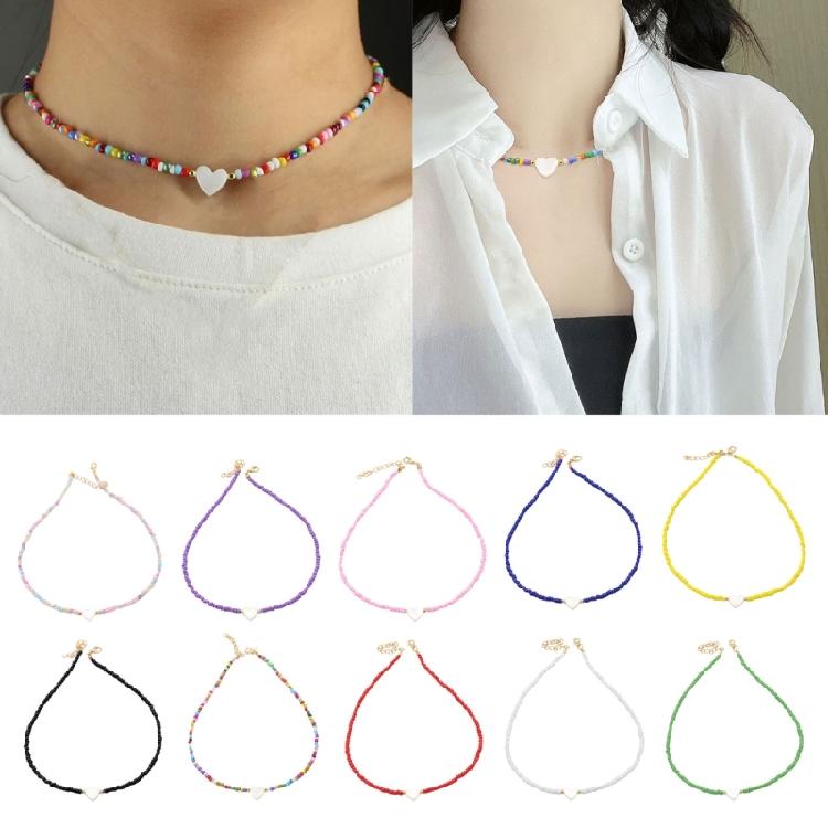 Delicate Bead Chokers Necklace Summer Bohemian Beaded Necklace Y2K Heart Shell-Charm Bead Chokers Necklace Summer