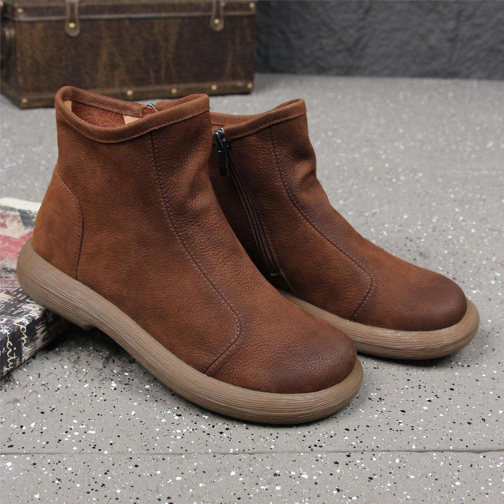 Travel, autumn and winter new women's boots retro round head side zipper short boots casual cigarette boots women