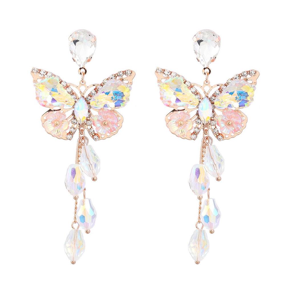 Exaggerated Alloy Diamond Butterfly Flower Long Tassel Earrings – European & American Style, Women's Autumn & Winter Fashion Accessory