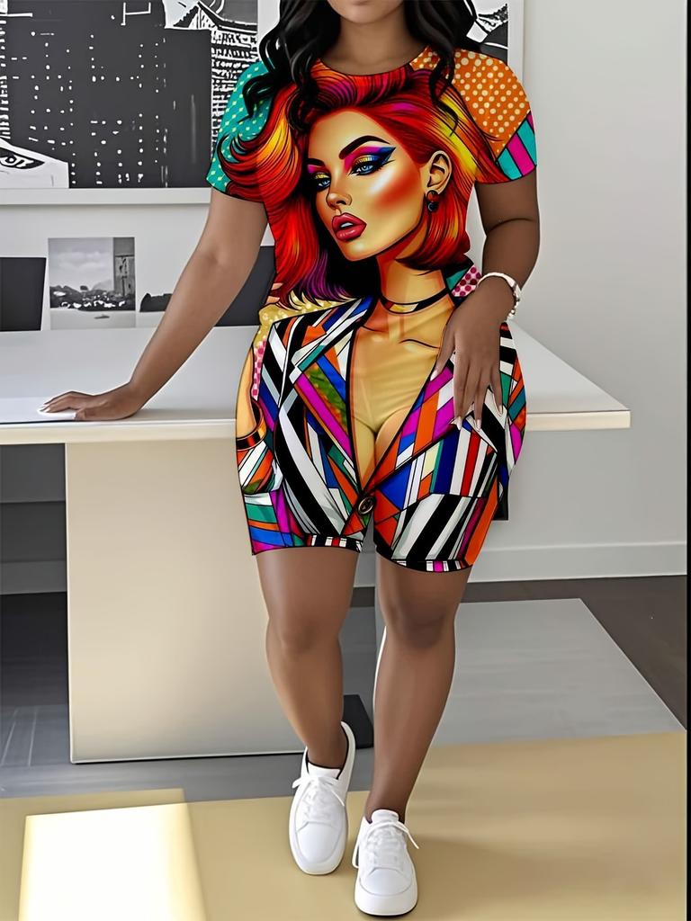 Abstract code European and American women's clothing butterfly printing T-shirt shorts set sports suit