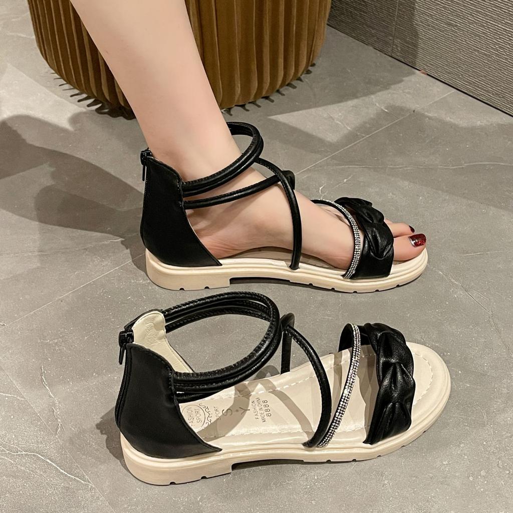 Diamond Ladies Shoes Strappy Black Flat Rubber Women's Sandals Roman Style Low Price Korea 2025 Luxury Sandal Summer Comfortable
