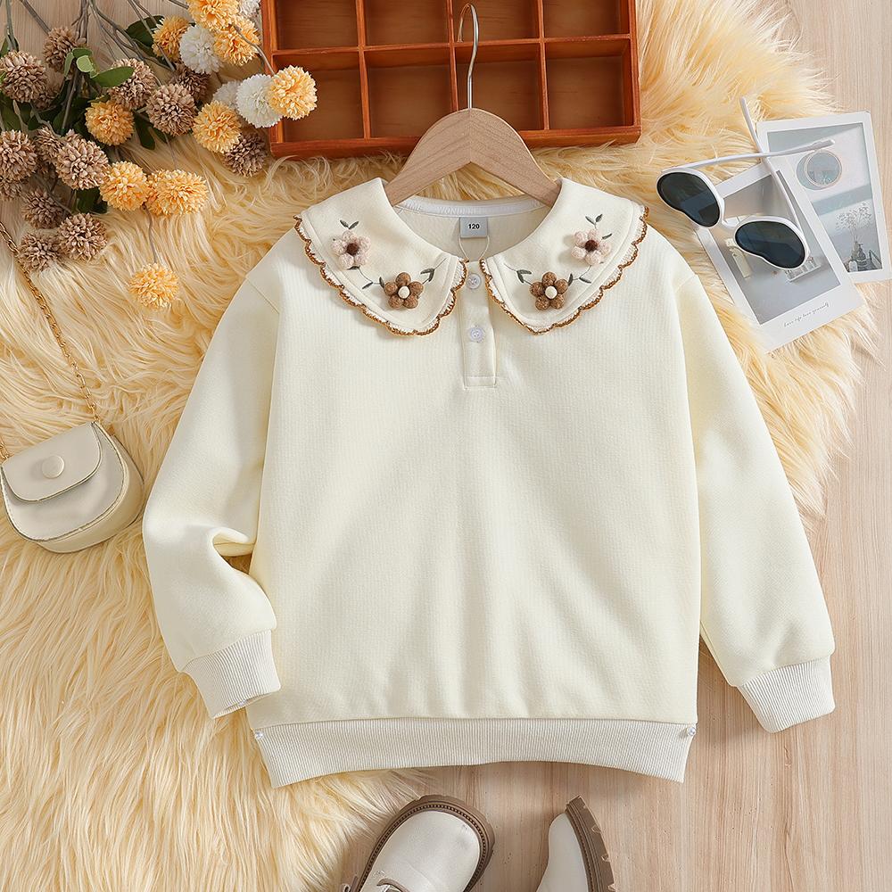 

Крем-белый свитшот для девочек, топ с длинным рукавом для возраста 5-12 лет, милый и стильный, с цветочной вышивкой, воротник Питер Пэн, детская одежда 160 бежевый
