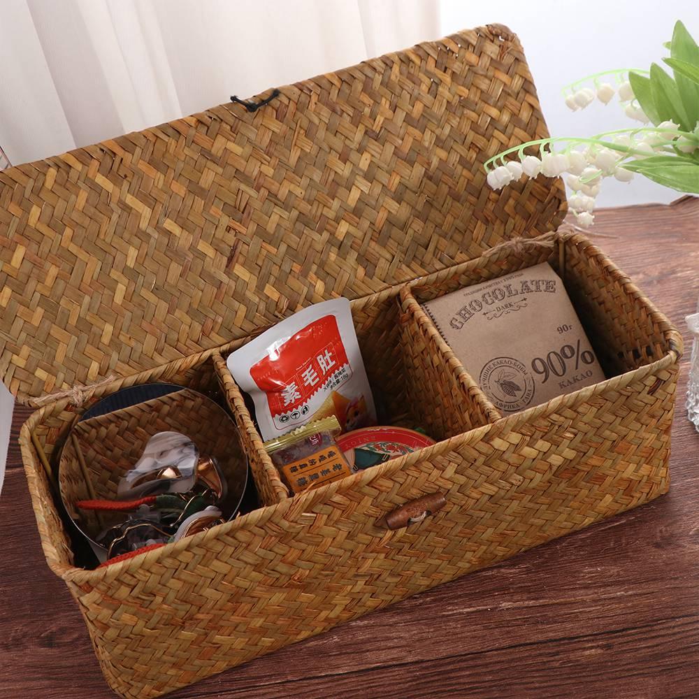 Rectangular 3 Grid Handwoven Storage Basket Dustproof Rattan Divider Storage Box  Wardrobe