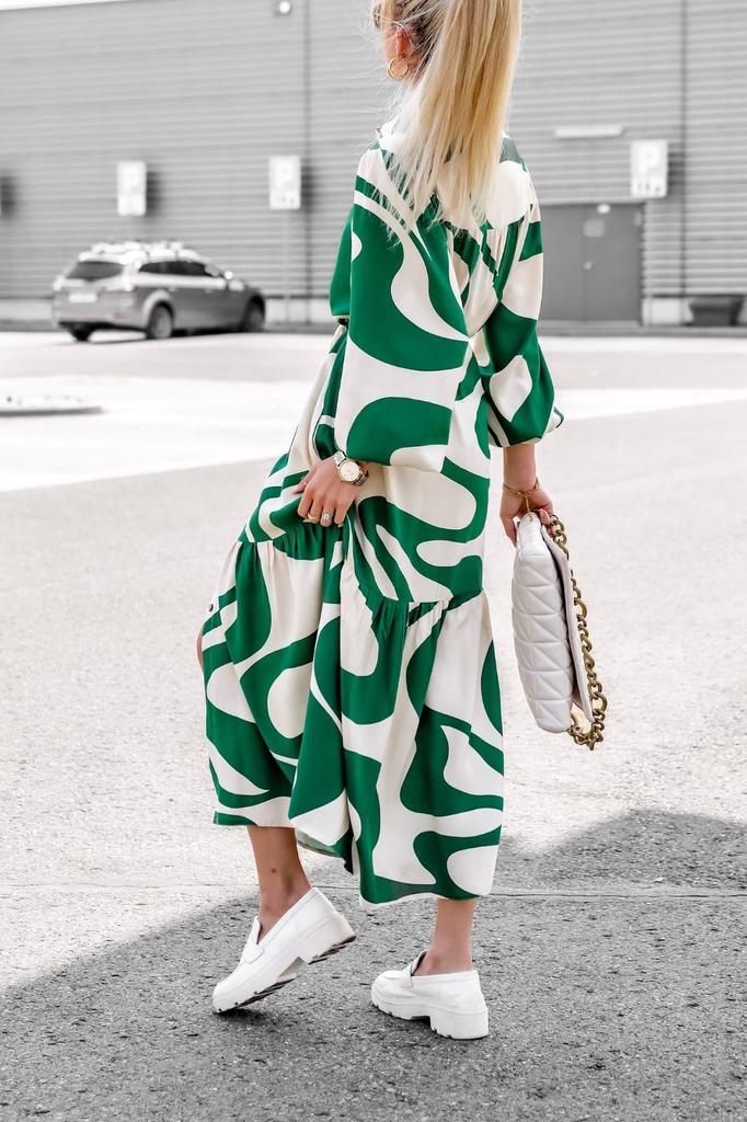 2023 European & American Style Printed Shirt Dress with Pockets - Casual Autumn Long Skirt with Tie