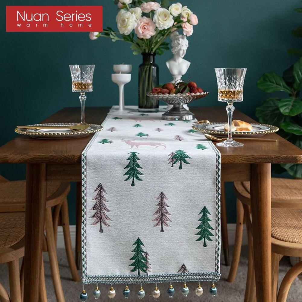 1PC Nuan Series American Rural Square Table Runner, Christmas Elk Pine Tree Pattern Table Flag for Kitchen Dinner Table Home Decor