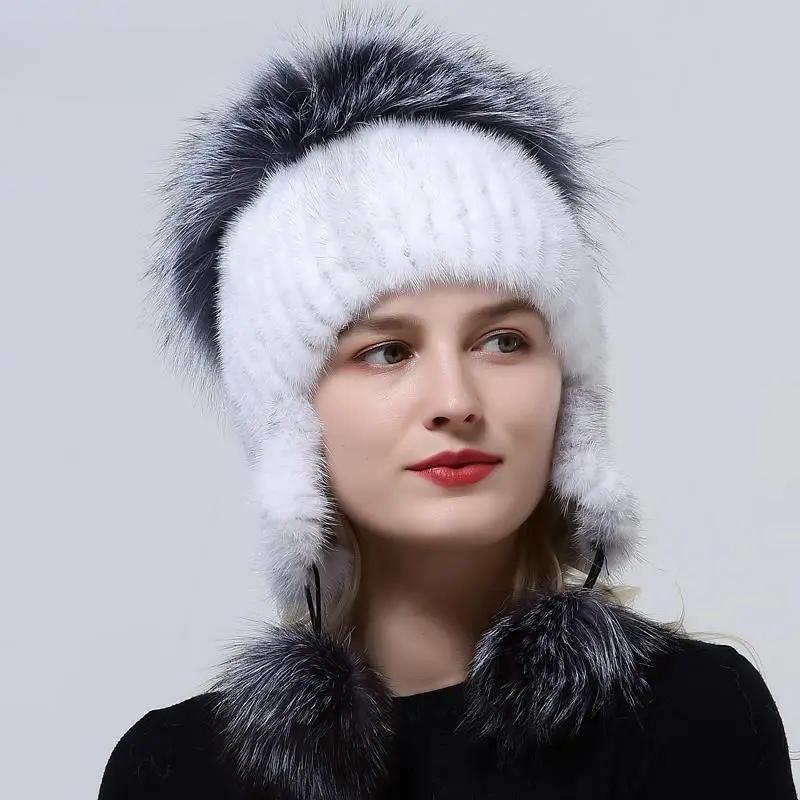 Genuine Mink Fur Hat For Women Winter Hats Wholesale 100% Real Fur Hat Women Winter Knitted Fluffy Outdoor Knitted Earflap Hat