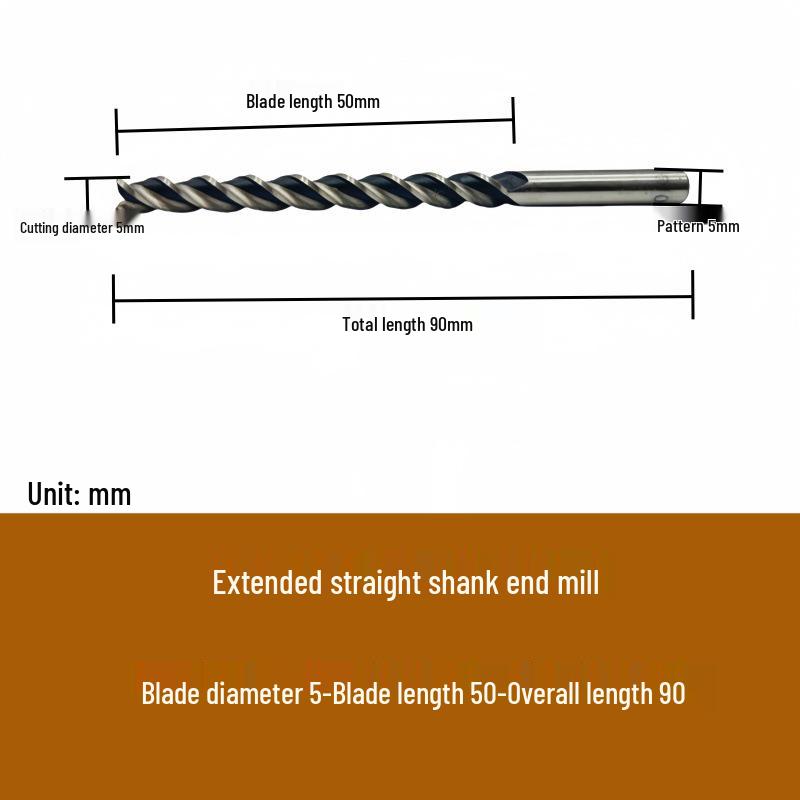 High-Speed Steel Extended Straight Shank Three-Flute End Mill, 2.5-10mm, White Steel