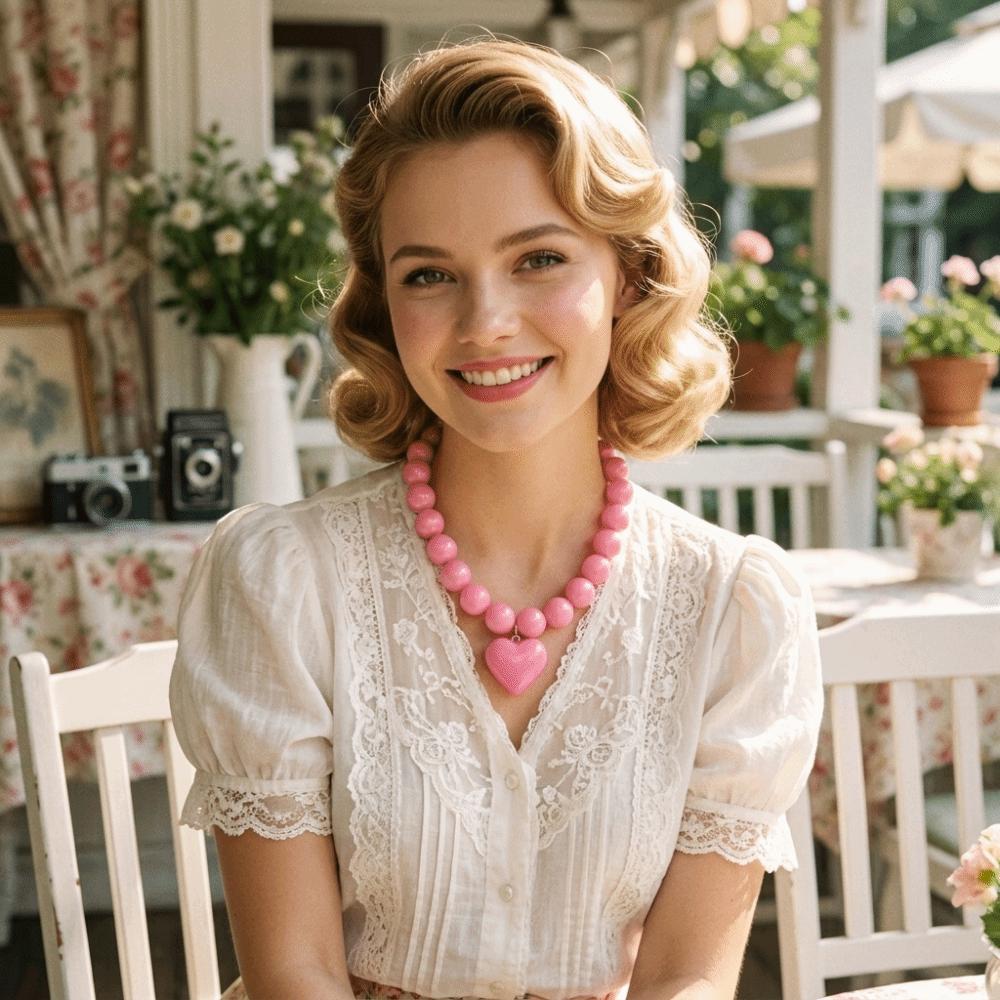 Round Beaded Necklace Solid Cream Color Clavicle Chain Fashionable Heart Pendant Choker Date Gift