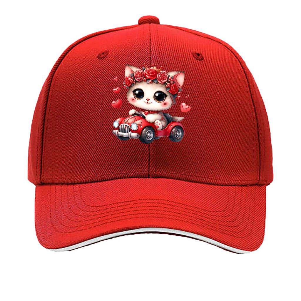 Cute Kitten Driving Red Car Heart Rose Crown Sandwich Baseball Cap Unisex Women Sun Cap Outdoor Workouts Hat