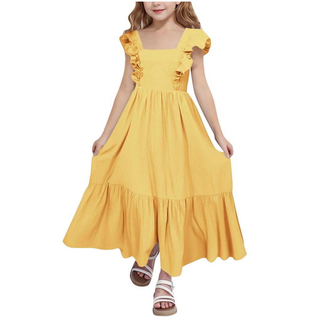 Girls' Square Neck Dress - Sweet Backless Sundress