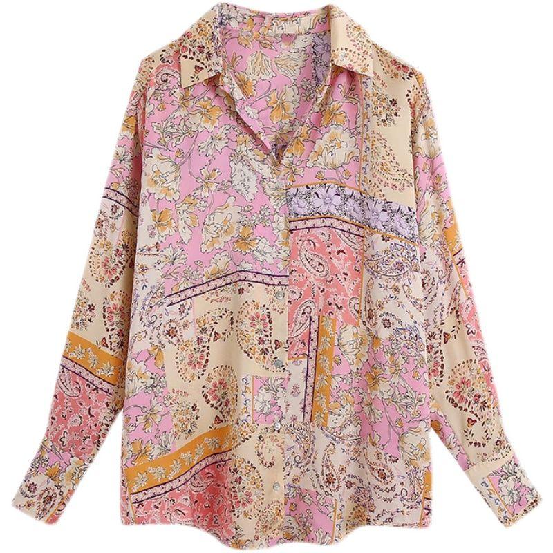 Ur Spring New Women's Silk Satin Texture Printed Shirt