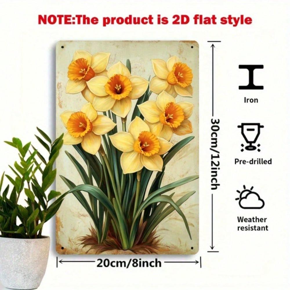 Vintage Yellow Daffodil Metal Sign, Flat Floral Wall Art with Green Leaves, Home Office Hallway Decor, 7.87x11