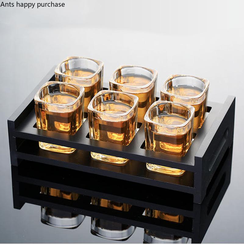 Glass Liquor Set White Wine Glass with Wooden Cup Holder Spirit Glass Shot Glasses Set Glass Cup Brandy Cups Drinking Glasses