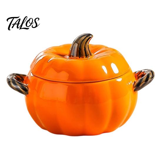 Practical Kitchen Gift for Home Pumpkin Soup Bowl with Lid And Double Handle, Microwave Safe Decorative Thanksgiving Tableware Ceramic Bowl,