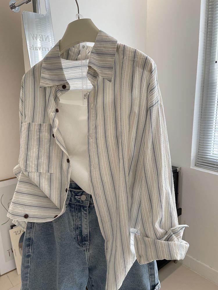Plus Size French Striped Shirt Jacket – Trendy Light Luxury Hong Kong Style, Long Sleeve, Loose Casual Fit