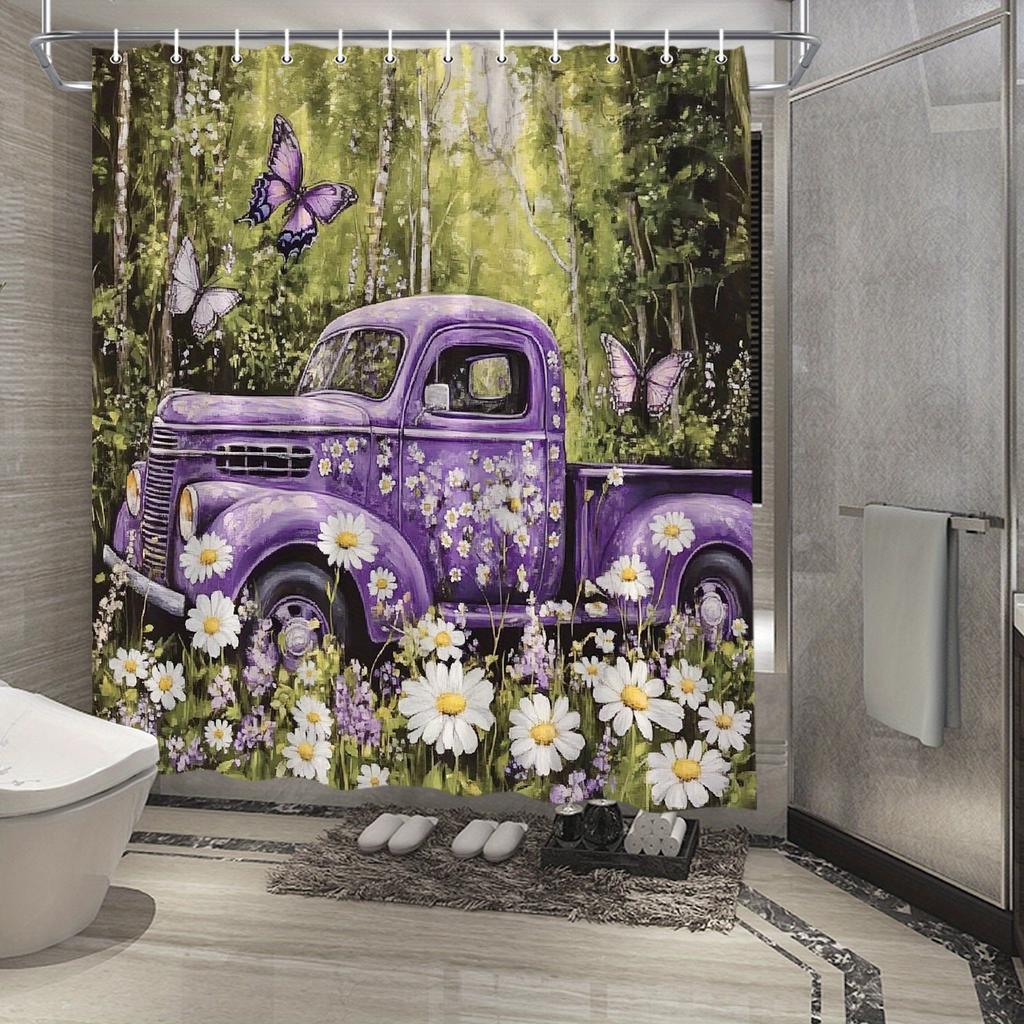 Vintage Purple Truck with Daisies and Butterflies Waterproof Shower Curtain for Modern Bathroom Decor, Stylish and Durable