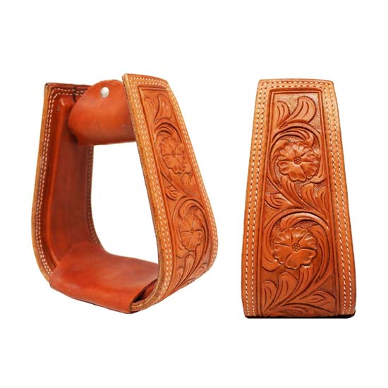 High Quality Horse Western Stirrups Saddle Tack Floral Handmade Tooled Leather Covered Pair