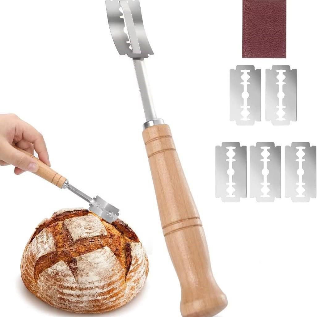 Curved Stainless Steel Bread Knife with Wooden Handle, Dough Divider & Baking Tool.