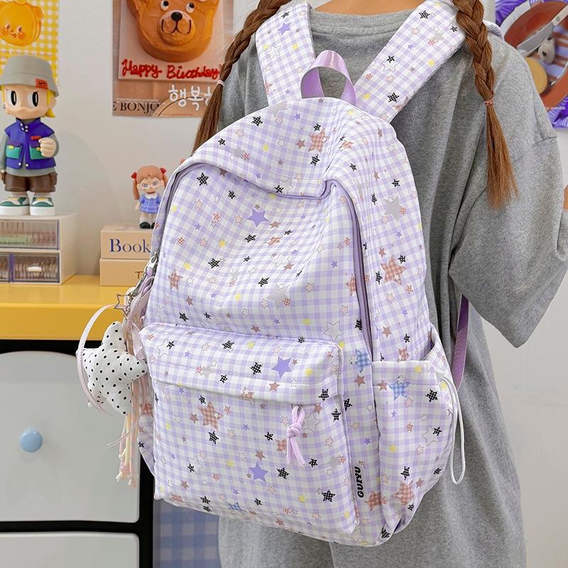 Schoolbag new plaid student backpack ins niche star leisure backpack for junior and high school students large-capacity schoolbag for women