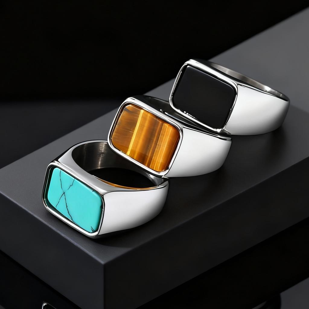 Heren RVS Geometrische Natuursteen Zegelring, Rechthoekige Tijgeroog Steen Dikke Ringen, Hoge Kwaliteit Mode Sieraden