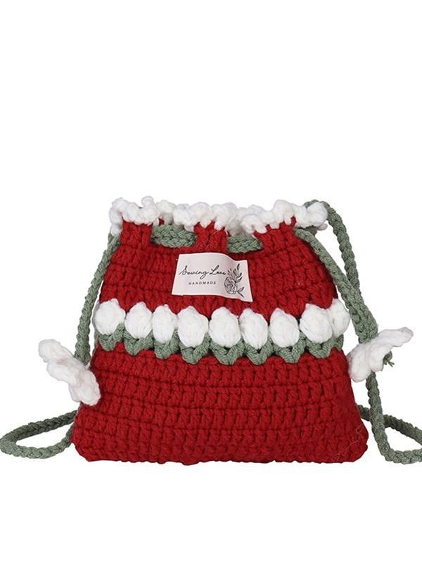 Handgefertigte Wollstrickblume Kordelzugtasche Mini Umhängetasche für den täglichen Gebrauch