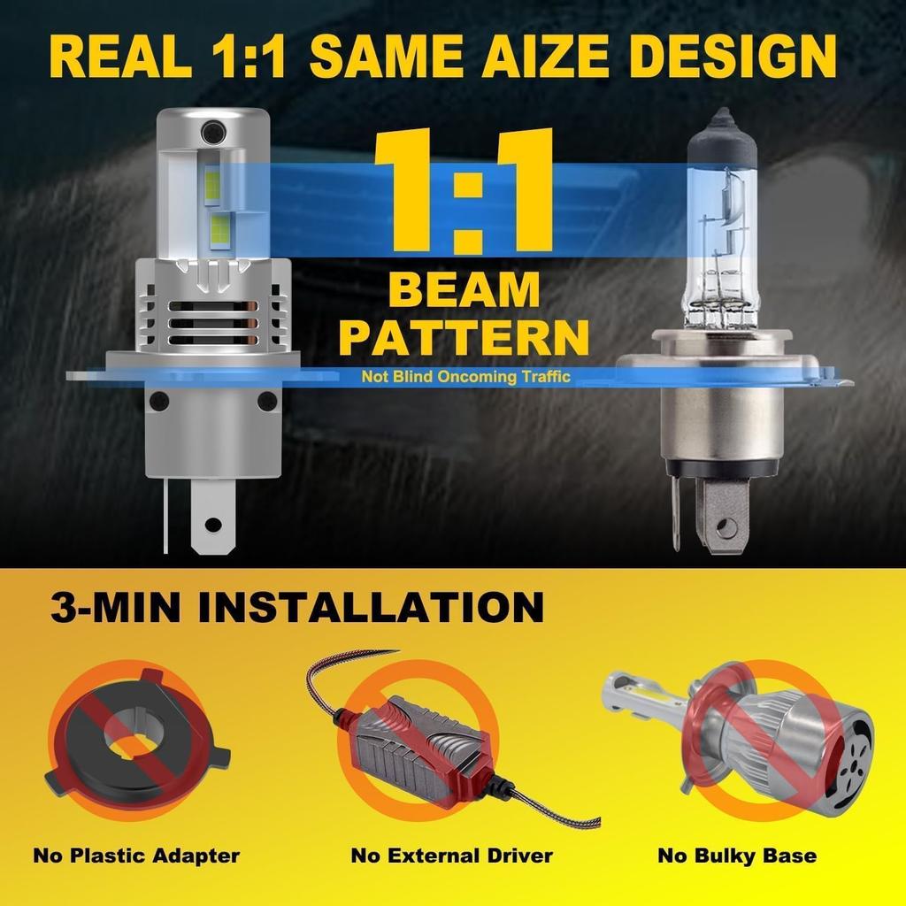 Latest H4 Light Bulbs,Super Bright Upgraded 900% 50000LM Brightness,1:1 Halogen Mini Size, 10-Year Lifespan, Plug And Play, H4/9003 Fog Bulbs,Pack Of