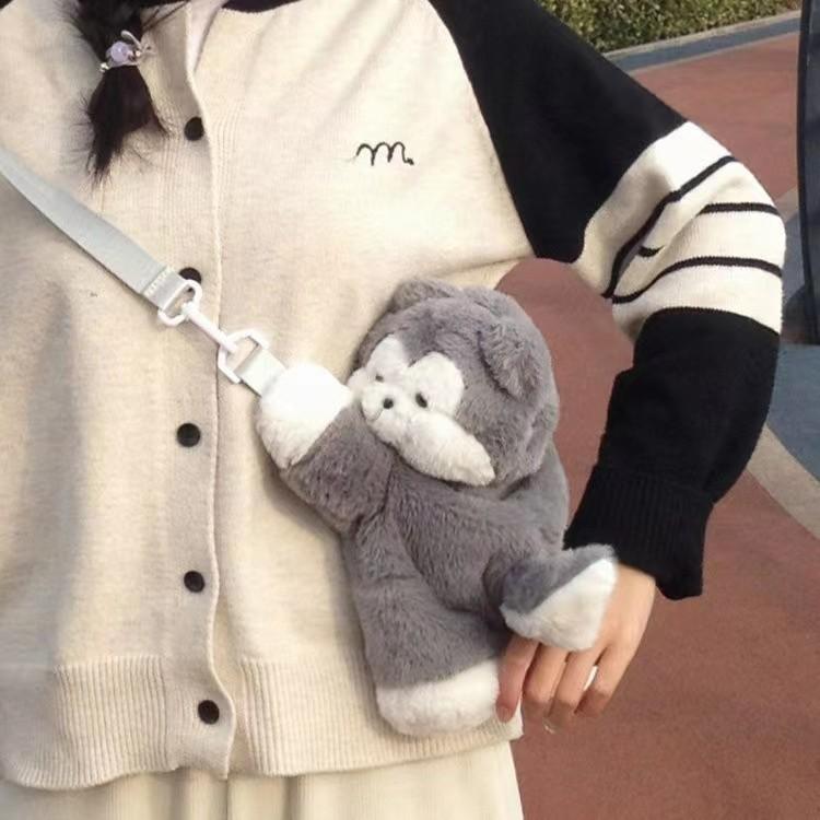Husky Gray Puppy Cute Girl Chest Bag Soft Plush Toy Shoulder Bag For Children