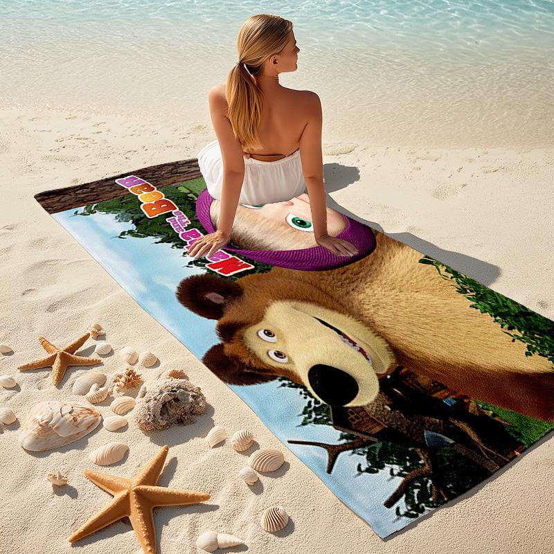 Fairy Tale Cute Cartoon Masha and the Bear Beach Towel, Outdoor Camping Beach Towel for Vacation Swimming, Outdoor Pool, Absorbent Bath Towel, H8