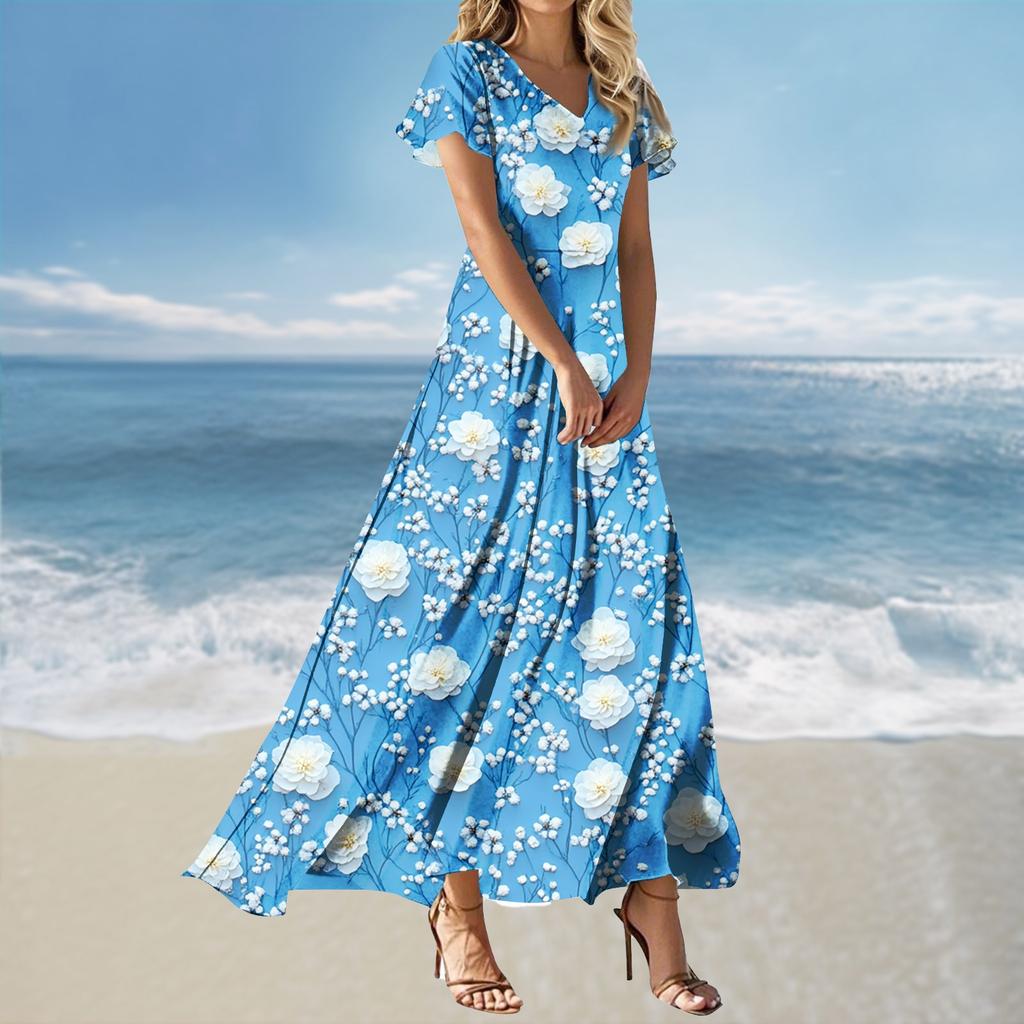 Women's Loose Casual V-Neck Short Sleeved High Waisted Print Dress